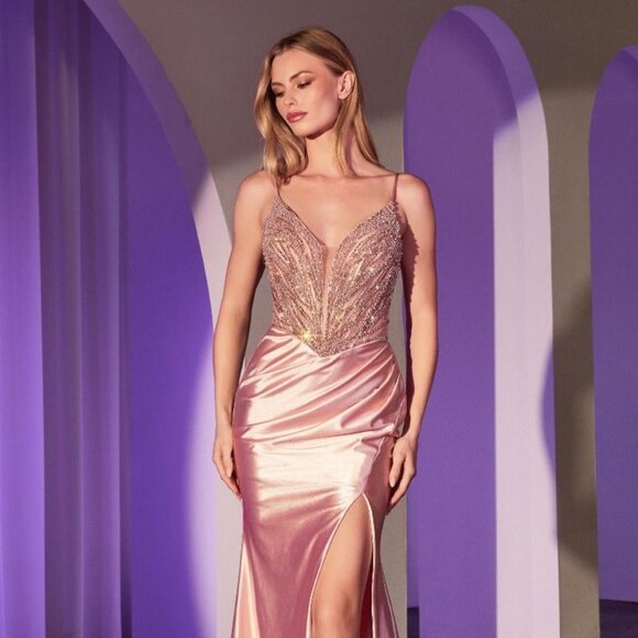 NEW FORMAL SLEEVELESS SHEATH PEARLS EMBELLISHED PROM GOWN W/ SHEER BODICE CC0238 - Picture 1 of 10